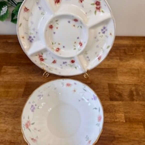 Lefard England Vintage Floral Divided Dish and Matching Serving Bowl – Gold Trim - Picture 8 of 10